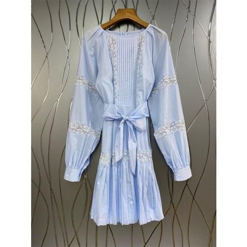 Newest Fashion Autumn Dress High Quality Women Crochet Lace Embroidery Patchwork Long Sleeve Casual Party Lady Dresses Blue Pink