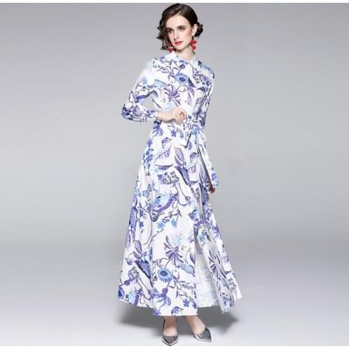 2021 autumn winter fashion Elegant women Floral Printed Dress Women turn down collar long Sleeve maxi dress Vestidos