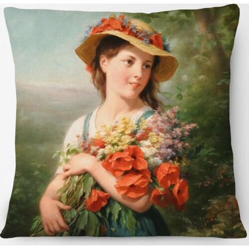 Hand Painting Girl Portrait Cushion Covers Renaissance Nation Retro Vintage Floral Decorative Pillow Case