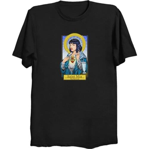 Saint Mia Movie Pulp Fiction T Shirt Quentin Tarantino Tees Streetwear Short Sleeve Top Clothing Black Shirt 3XL Mens Clothes