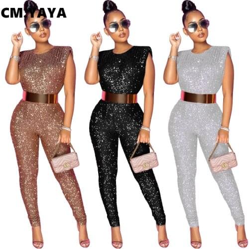 CM.YAYA Active Sequins Sleeveless O-neck Bodycon Jumpsuit Women Sexy Club Night Party One Piece Overall Romper 2021 Outfits