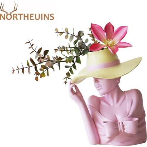 NORTHEUINS Resin Creative Beauty Flower Vase Figurines White Nordic Human Head Flower Pot Bust Statue Table Decorative Sculpture