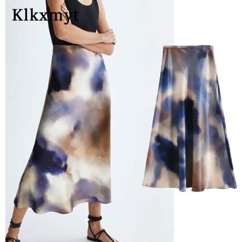 Klkxmyt Za 2021 Skirt Women Simple Style High Waist Midi Skirt Vintage Tie Dye Print Elegant Long Skirts Woman Summer Skirts