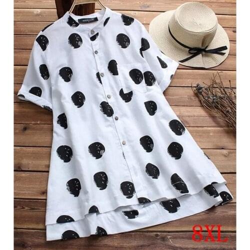 Large size womens shirt polka dot print plus size 5XL 6XL 7XL 8XL summer womens casual short sleeve loose pocket white top