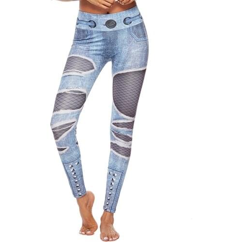 Ladies Ripped Denim Hip-lifting Yoga Pants Digital Printing Leggings Womens High Waist Jeans Ropa Mujer Spodnie Damskie