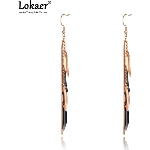 Lokaer Bohemia Design Stainless Steel Tassel Leaves Earrings Jewelry Trendy CZ Crystal Dangle Earrings For Women Girls E20167