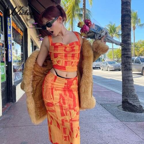 Weekeep Harajuku Print Y2K Crop Top and Straight Skirts Suits Women Summer Sexy Party Two Pieces of Sets Sexy Clothes Streetwear