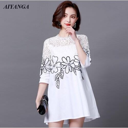 L-5XL Embroidery Lace Dresses Women 2019 Spring Dresses Three Quarter Sleeve O Neck Casual Plus Size Dress Female Black White