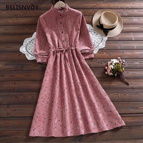 Japanese Mori Girl Autumn Winter Women Midi Dress Ruffled Collar Loose Lace Up Vestidos Longo Pink Green Corduory Sweet Dress