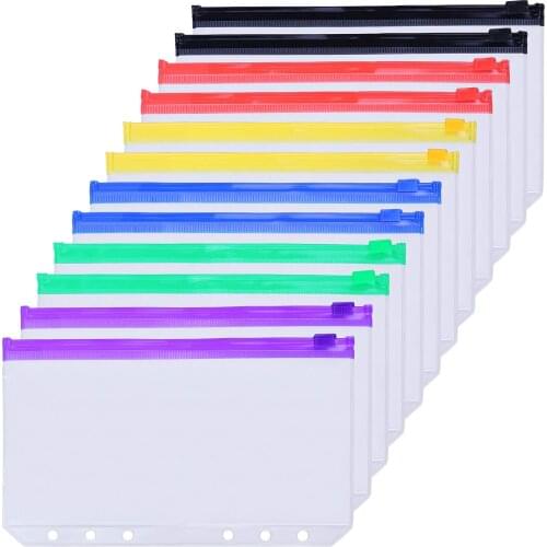 12pcs Binder Pockets A6 Size Multicolor Zipper Folders for 6-Ring Binder Notebook Loose Leaf Bags Waterproof PVC Pouch Document