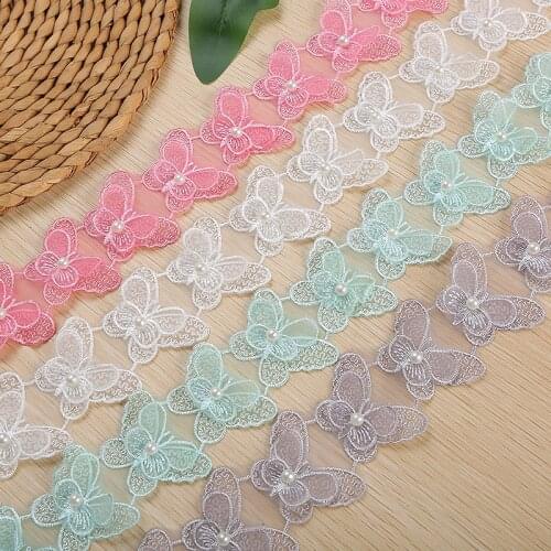 20Yards Organza Butterfly Embroidered Pearl Lace Trim Pink Green Purple Applique Trimmings Ribbon Fabric Wedding Dress Sewing
