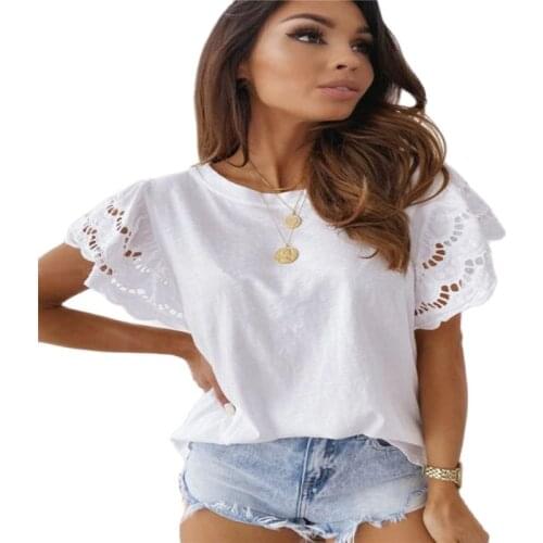 2021 Factory Price High Quality New Fashion Womens Summer Lace Stitching Short-Sleeved T-Shirt Womens Top Solid Color Round