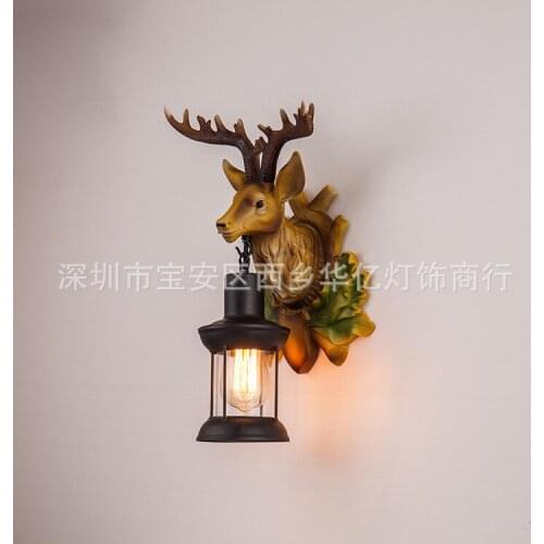 American retro living room antlers deer head wall lights Chinese antique background wall elk wall lights decorated balcony doors