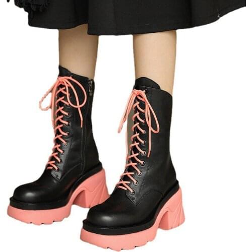Women New Two Color Splicing Mid-Calf Martan Boots PU Leather Platform Square High Heels Chelsea Booties Colour Lace Up Size 35