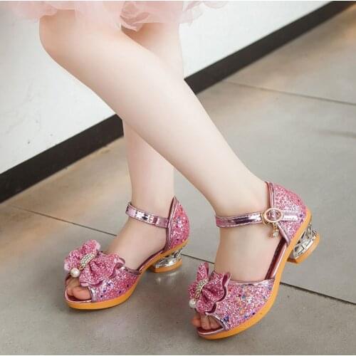Childrens Shoes 2021 New Summer Casual Glitter Bowknot Spring High Heel Girls Shoes Fashion Princess Dance Party Sandals