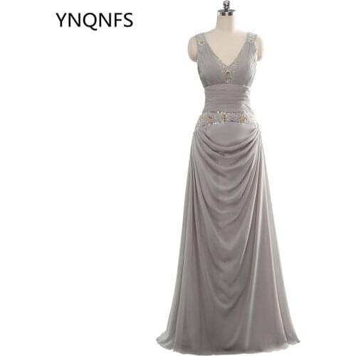 2020 A Line Long Evening Dresses V Neck Chiffon Sequins Pleat Sleeveless Free Shipping
