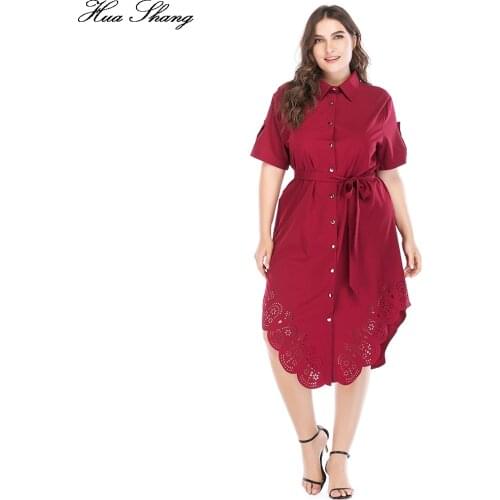 Huashang 2018 Women Casual Shirt Dress Plus Size 5XL Irregular Hollow Out Sashes With Bottons Elegant Office Ladies Shirt Dress