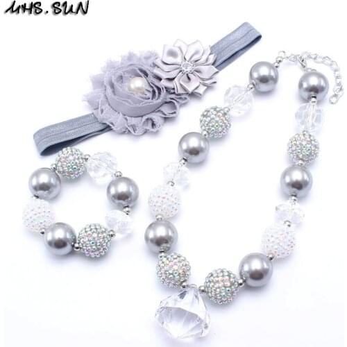 MHS.SUN Cute Beads Necklace Bracelet Flower Hairbands Set For Child/Kids/Girls Chunky Bubblegum Jewelry Set Handmade Party Gifts