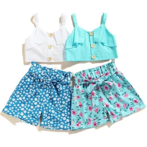Fashion Kids Girls Summer Beach Casual Set, Solid Color V-Neck Camisole+ Flower Print Shorts+ Waist Belt, White/Blue, 2-7 Years