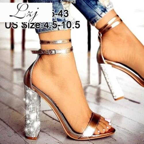 2020 New Womens Heels Ankle Strap Pumps Square Heels Lady Rhinestone High Heels Sandals Tacones Salto 35-43