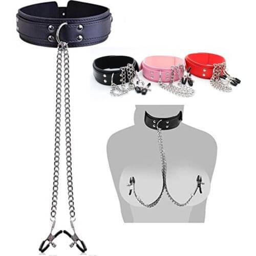 Faux Leather Choker Collar with Nipple Breast Clamp Clip Chain Couple Funny and interesting Adult games SM Sex Toys for woman