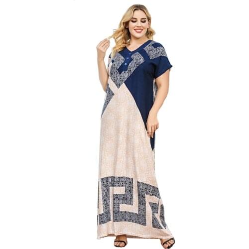 Casual Plus Size Simple Modest Arabic Long Dress To The Floor Skirt Suits For Women Summer Tall Female Robe Muslim Short Sleeve