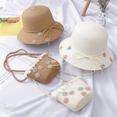 Children Girl Summer Sunscreen Sunshade Hat Straw Beach Sun Hat Straw Bag Summer Beach Hat Floppy Bucket Cap Portable Handbag