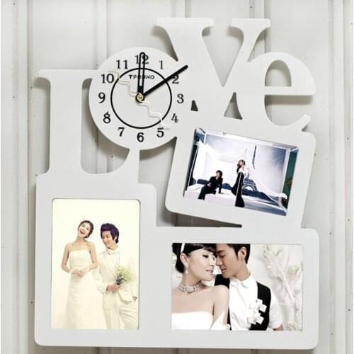Modern Wooden Photo Frame Clock With 3 Pictures Frame Living Room Art Decor Horloge Murale