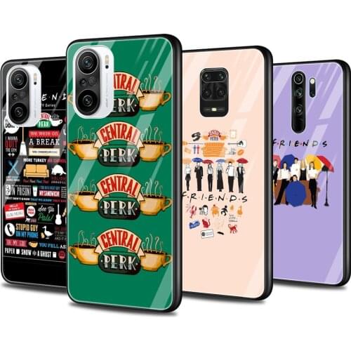 Glass Phone Case for Xiaomi Redmi Note 9S 7 9 8 10 Pro Max 8T 9c 9A 9T Glass Cover for Redmi K40 K30 K20 Coffee friends