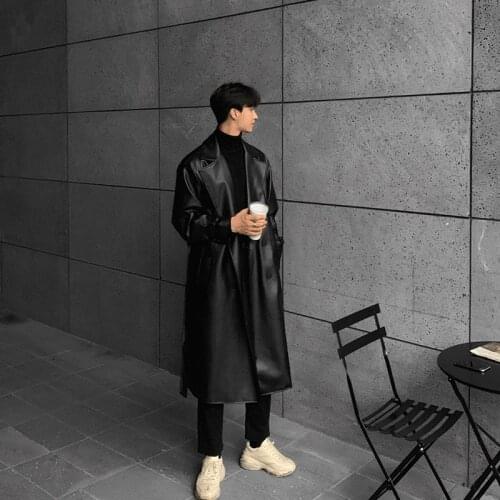 Men Vintage Long Black Leather Trench Jacket Double Breasted Overcoat Male Streetwear Hip Hop Punk Faux Fur Windbreaker Coat
