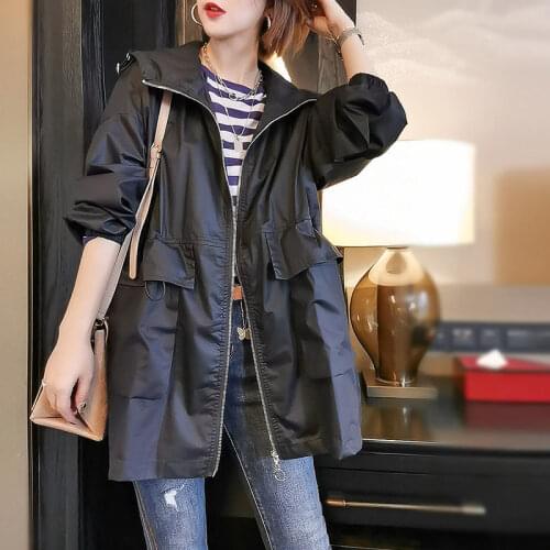 Trench Coat Women Cotton Windbreaker Mid-Length 2021 Spring Autumn New Loose Casual Femme Hooded Zipper Jacket
