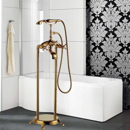Bathroom floor-to-ceiling rotating bathtub faucet cylinder side pillar copper-gold high washbasin hotel shower hot and cold wate