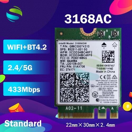 Wifi Adapter Card for Dual Band Wireless-AC 3168AC 3168NGW 433Mbps 802.11ac + Bluetooth 4.2 M2 NGFF WiFi Adapter WLAN Card