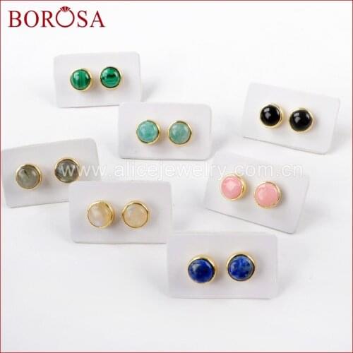 BOROSA 5/10Pairs Gold Color Bezel 7mm Round Multi-kind Stone Stud Earrings, Fashion Natural Stone Stud Earring For Women ZG0283