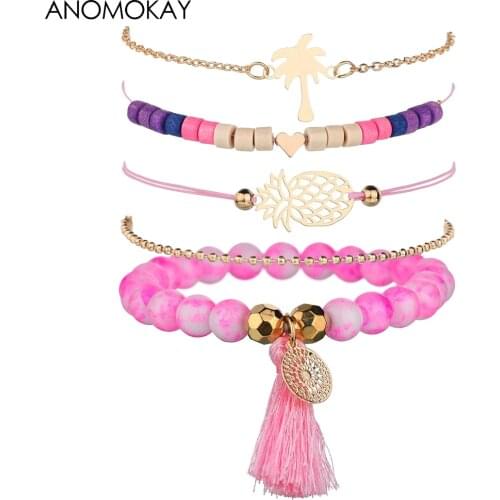 Bohemia Ethnic Style Pink Tassel Wood Bead Chain & Link Bracelet for Women Handwork Braid Pineapple Tree Fashion Wrap Bracelet