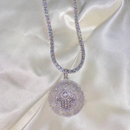 2020 hiphop iced out sparking bling CZ lucky hamsa hand round pendant necklace for women men charm tennis chain choker jewelry