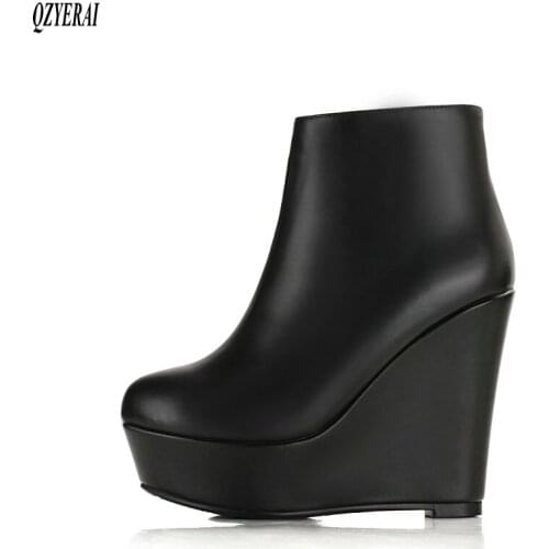 Black Genuine leather women boots ankle Female boots 12cm wedge Waterproof Taiwan winter Womens shoes