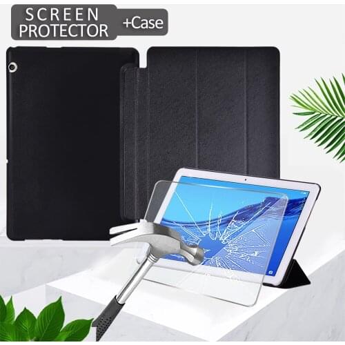 Case for Huawei MediaPad T3 10 9.6-inch/T5 10 10.1 Inch Pu Leather Trifold Stand Tablet Cover + Tempered Film+Free Stylus