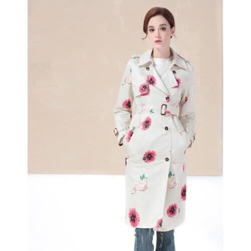The Super Quality Autumn New Flower Printing Lapel Long Sleeve with A Waist Belt Long Coat