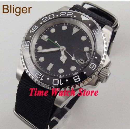 GMT Function 40mm Bliger Automatic Mens Watch Black Dial Nylon Strap Date Cyclops Sapphire Glass Screw In Crown Rotating Bezel