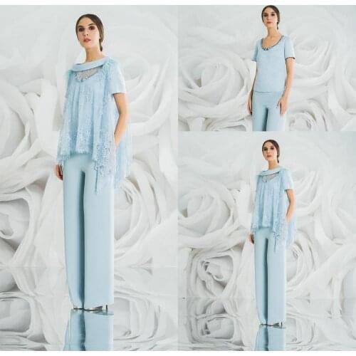 Sky Blue Mother Of The Bride Pants Suit Jewel Neck Outfit Wedding Guest Gowns Lace Short Sleeve Formal Evening Dress