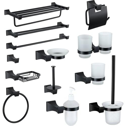 Bathroom Accessories Set Matt Black Square Paper Holder Roll Robe Hook Towel Bar Ring Soap Holder Dispenser Brushing Holder Zinc
