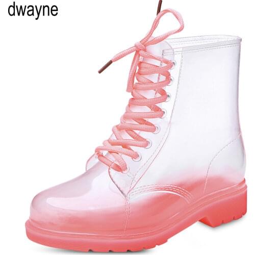 Women Rain Boots Mature Lady Lace Up Waterproof Lady Shoes Transparent Candy Color Ankle Outdoor Girls Shoes fgb56