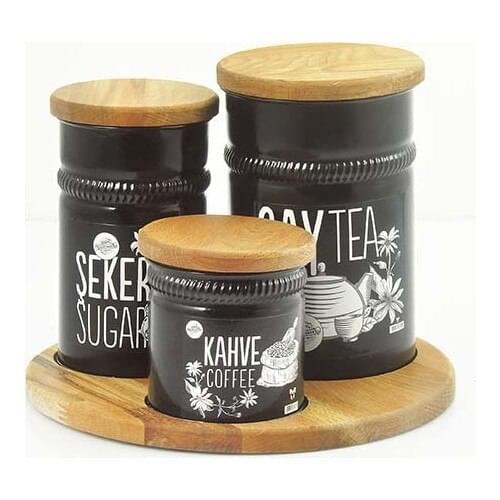 Northeaster Global Round Wooden Standing Cover 3 Piece Tea Sugar Coffee Storage Box