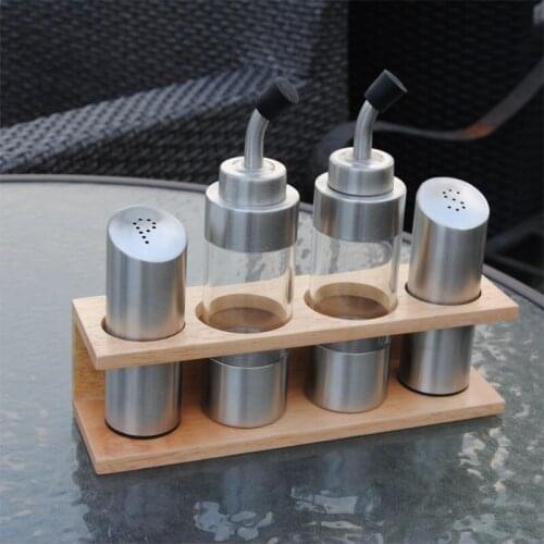 New 4pcs Stainless Steel Olive Oil Vinegar Salt Pepper Shakers w/Two Layered wood Stand Kitchen Rack Seasoning Bottle Tool set
