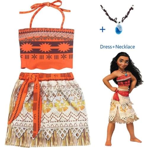 New Baby girls Princess Summer dress Moana Cosplay Costume for Children Vaiana Girls Party dresses with Necklace Beach Costumes
