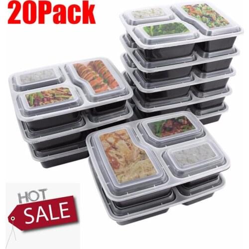 20pcs Disposable Meal Prep Containers 3-Compartment Food Storage Box Microwave Safe Lunch Boxes (Black, with Lid)