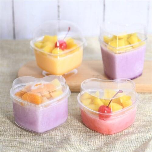 50pcs High quality heart shape transparent pudding cup DIY dessert decoration ice cream cake plastic cups with covers 140ml
