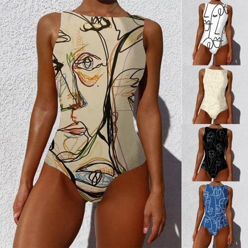 S-XXL unique Hand-painted swimsuit mayot de bain femme Women Graffiti Abstract Print Wide Straps High Neck Backless Swimwear F4