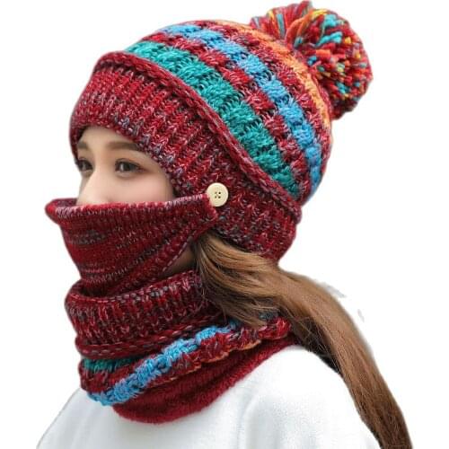 Outdoor Windproof Bonnet Autumn Winter Female Beanies Solid Color Plush Lady Headwear Cap Warm Knit Hat Scarf and Gloves 3PC Set